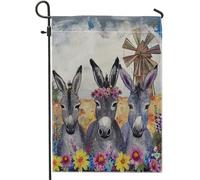 divertente asino bandiera giardino animale rustico fattoria mulino a vento fiore selvatico pittura a olio grigio lino prato arredamento doppio lato portico esterno campeggio recinzione parete famiglia