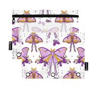 Divertente astuccio a 3 anelli viola con falena bianca con cerniera, per la scuola, con tasche trasparenti personalizzate, 24,9 x 18 cm, 2 confezioni