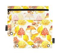 Divertente astuccio per matite per raccoglitori a 3 anelli, autunnale, giallo, acero, fungo, con cerniera, per la scuola, tasche trasparenti personalizzate, 24,9 x 18 cm, 2 confezioni