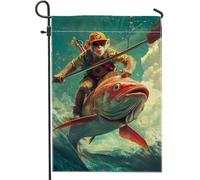 Divertente bandiera da giardino a forma di scimmia a cavallo di un pesce, bandiere colorate per decorazione della casa, decorazione double face in juta per feste primaverili ed estive, 30,5 x 45,7