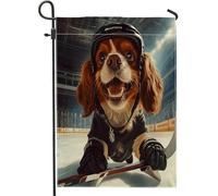 Divertente bandiera da giardino con cane Cavalier King Charles Spaniel, 30,5 x 45,7 cm, double face, decorativa, per esterni, hockey su ghiaccio, motivo cuccioli, bandiera per casa da cortile, piccola