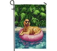 Divertente bandiera da giardino con cane Golden Retriever, 30,5 x 45,7 cm, double face, per esterni, decorazione estiva, pixel art Chien, bandiera in tela per casa, cucciolo all'aperto piccolo cortile
