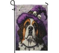 Divertente bandiera da giardino con cane strega di San Bernardo, 30,5 x 45,7 cm, double-face, per esterni, cappello da mago, motivo cucciolo, bandiera per casa, stile gotico, cortile, cortile