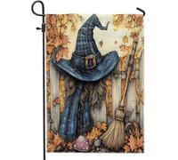Divertente bandiera da giardino con cappello da strega di Halloween, 30,5 x 45,7 cm, double face, per decorazione esterna, scopa magica per fattoria, recinto in tela, piccola bandiera da giardino per