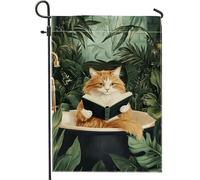 Divertente bandiera da giardino con gatto che legge il libro, arancione felino decorazione per esterni, bandiera floreale su entrambi i lati, decorazione per la casa, 30,5 x 45,7 cm