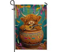 Divertente bandiera da giardino con mucca delle Highlands, striscione decorativo colorato con mucca musicale, decorazione per la casa, design a doppio lato, decorazione per prato esterno per tutte le