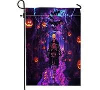 Divertente bandiera da giardino con scheletro al neon di Halloween, 30,5 x 45,7 cm, double face, per decorazione esterna, spaventosa bandiera in tela con teschio di zucca, strana e raccapricciante per