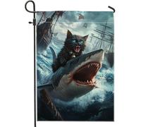 Divertente bandiera da giardino con squalo che cavalca un gatto, decorazione per l'avventura dell'oceano blu, bandiera estiva per esterni, decorazione per la casa per amanti degli animali, 30,5 x 45,7
