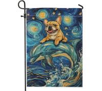 Divertente bandiera da giardino fantasiosa, delfino blu con cani francesi, striscione decorativo per la casa, bandiera da giardino in iuta su entrambi i lati, decorazione per esterni, 30,5 x 45,7 cm