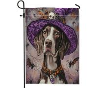 Divertente bandiera da giardino per cani con puntatore a pelo corto da strega di Halloween, 30,5 x 45,7 cm, double face, per esterni, cappello da mago, motivo cucciolo, bandiere per casa, stile gotico