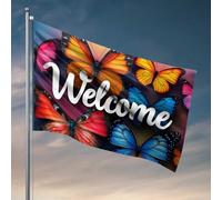 Divertente bandiera da parete con scritta "Welcome to the world of colorful Butterflies Flag Bar Decor for Home Room Stuff" (152 x 244 cm)