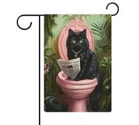 Divertente bandiera da toilette con gatto nero che legge la bandiera da giardino per casa cortile esterno bandiera stagionale vacanza juta doppia faccia bandiera 30,5 x 45,7 cm