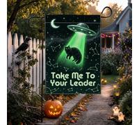 Divertente bandiera fantascientifica per il rapimento di gatti di Halloween | Astronave tema spazio, bandiera del cortile, arte del gatto umoristico, sfondo della costellazione celeste
