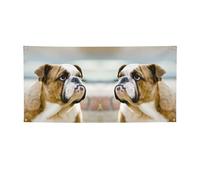 Divertente bandiera natalizia stampata con bulldog inglese, striscione colorato ideale per giardino, bar e riunioni di amici