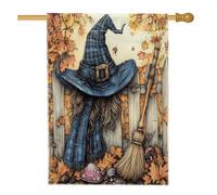 Divertente bandiera per la casa con cappello da strega di Halloween, 71 x 101 cm, double-face, per decorazione esterna, scopa magica per fattoria, recinto, tela, casa, bandiera, per bambini, cortile