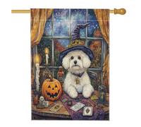 Divertente bandiera per la casa del cane con strega Bichon Frise, 71 x 101 cm, double-face, per esterni, cappello da mago, cucciolo, bandiera verticale in tela di lino, bandiera gotica con stampa da
