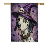 Divertente bandiera per la casa del cane della strega dalmata di Halloween, 71 x 101 cm, double face, per esterni, cappello da mago, cucciolo, bandiera verticale in tela per la casa, bandiera gotica