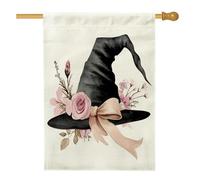 Divertente bandiera per la casa di Halloween ad acquerello 71,1 x 101,2 cm, double face, per decorazione esterna, cappello da strega con rose, bandiera per la casa, strana strega per esterni, cortile