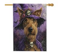 Divertente bandiera verticale per la casa di Halloween, strega Airedale Terrier, per cortile, cortile, giardino, 28 x 40 cm, double-face, per esterni, cappello da mago, bandiera con stampa per la casa