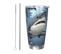Divertente bicchiere con motivo squali, con coperchio e cannuccia, in acciaio inox, da 590 ml, per bevande calde e fredde, tazza da caffè isolata a doppia parete, riutilizzabile, regalo di compleanno