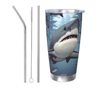 Divertente bicchiere con motivo squali, con coperchio e cannuccia, in acciaio inox, da 590 ml, per bevande calde e fredde, tazza da caffè isolata a doppia parete, riutilizzabile, regalo di compleanno