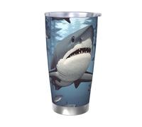 Divertente bicchiere con motivo squali, con coperchio e cannuccia, in acciaio inox, da 590 ml, per bevande calde e fredde, tazza da caffè isolata a doppia parete, riutilizzabile, regalo di compleanno