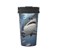 Divertente bicchiere con motivo squali, con coperchio e manico, 500 ml, in acciaio inox, per bevande calde e fredde, tazza da caffè da viaggio a doppia parete, riutilizzabile, regalo di compleanno
