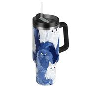 Divertente bicchiere grande in acciaio inox con gatto d'angora turco blu navy riutilizzabile da 1180 ml con cannuccia resistente alle perdite, tazza decorativa da campeggio per scuola, sport, asilo