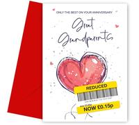 Divertente biglietto di anniversario per bisnonni, design umoristico con cuore rosso, biglietto di auguri per anniversario di matrimonio per bisnonni, interno bianco, realizzato nel Regno Unito