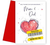 Divertente biglietto di anniversario per mamma e papà, design umoristico con cuore rosso, solo il miglior biglietto di anniversario di matrimonio per mamma e papà, interno bianco, realizzato nel Regno