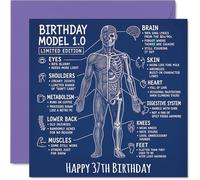 Divertente biglietto di auguri per 37° compleanno, con battute anatomiche per compiere 37 anni, schema comico ricco di dettagli sfacciati, umorismo scientifico per il compleanno unico, quadrato da 145