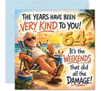 Divertente biglietto di auguri per 64° compleanno - Those Weekends Took Their Toll - Relaxed Gent Soaking Up the Birthday Beach Vibes - Witty Nod to Surviving Another Year - 145 mm quadrato, busta