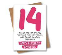 Divertente biglietto di auguri per il 14° compleanno della figlia, con scritta in lingua inglese "Thank You for Looking Up from Your Phone", sarcastico, per il quattordicesimo compleanno