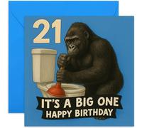 Divertente biglietto di auguri per il 21° compleanno, con scritta in inglese "It's a Big One Gorilla on Toilet Design", per fratello, nipote, figlio, figlio, quadrato, interno bianco con busta di alta