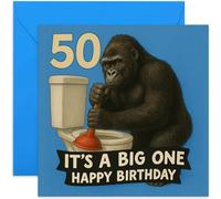 Divertente biglietto di auguri per il 50° compleanno, con scritta in inglese "It's a Big One Gorilla on Toilet Design", per fratello, nipote, figlioccio, quadrato, interno bianco con busta di alta