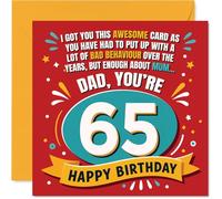 Divertente biglietto di auguri per il 65° compleanno del papà, Big Laughs for Turning 65, design audace rosso, giallo e blu con umorismo giocoso, quadrato da 145 mm, busta inclusa