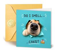 Divertente biglietto di compleanno con cane per donne e uomini, biglietto | "Sento l'odore della torta?" Design; divertente biglietto di auguri di compleanno con simpatico cucciolo che sbircia per