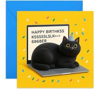 Divertente biglietto di compleanno con gatto seduto sul computer portatile, quadrato, interno bianco con busta di alta qualità