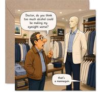Divertente biglietto di compleanno - Vision Check Gone Wrong - Cartoon Man Mistakes Shop Mannequin for a Doctor - Spiritosa risata di compleanno a tema alcol - 145 mm quadrato, busta inclusa