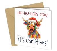 Divertente biglietto di Natale - "Ho-Ho-Holy Cow It's Christmas!" - Simpatico design con mucca delle Highland - Biglietto di auguri divertente per amici, familiari, amanti delle mucche - cb018
