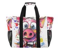 Divertente borsa da spiaggia in tela con motivo maialino, pieghevole, con scomparti, Divertente maiale Pittura d'arte, 1 size, Moda