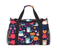 Divertente borsa da viaggio a mano con gatti, uccelli e fiori, grande borsa per la spesa riutilizzabile, perfetta per attività all'aperto, sport, campeggio e generi alimentari, nero, Taglia unica
