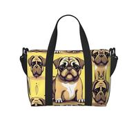 Divertente borsa da viaggio con cucciolo di carlino in stile cartone animato, borsa da viaggio per donne, borsa sportiva da palestra, borsone da allenamento, durante la notte, Nero , Taglia unica