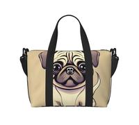 Divertente borsa da viaggio con stampa di cuccioli di carlino in stile cartone animato, borsa da palestra, borsa da viaggio per il fine settimana, borsa sportiva per donne e uomini, nero, Taglia unica