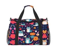 Divertente borsa da viaggio con stampa di gatti, uccelli e fiori, borsa da viaggio per donne e uomini, borsa da palestra, Nero , Taglia unica