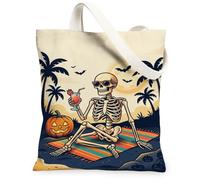 Divertente borsa in tela con scheletro, per vacanze al mare, Halloween, 33 | Design con scheletro tropicale, tema rilassante del tramonto estivo, materiale in poliestere resistente