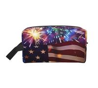 Divertente borsa per il trucco con stampa di delfino per donne da viaggio, organizer per articoli da toeletta di grande capacità con manico, Fuochi d'artificio Bandiera Usa 4 luglio, Taglia unica