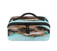 Divertente borsa per il trucco da viaggio con ritratto di gatto, portatile, impermeabile, aperta e piatta, per articoli da toeletta e cosmetici, organizer da viaggio per donne e uomini