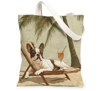 Divertente borsa tote in tela con cane Boston Terrier, per lo shopping, 33 x 38 cm, vintage, con palme da spiaggia, riutilizzabile, per donne, lavoro e viaggi, decorazione regalo