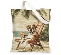 Divertente borsa tote in tela con cane boxer, per lo shopping, 33 x 38 cm, vintage, con palme da spiaggia, riutilizzabile, per donne, lavoro e viaggi, decorazione regalo